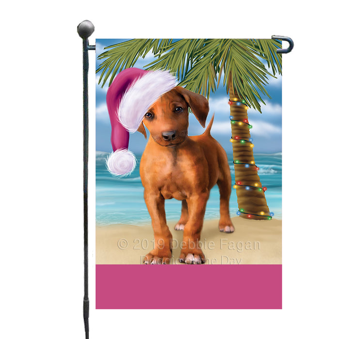 Personalized Summertime Happy Holidays Christmas Rhodesian Ridgeback Dog on Tropical Island Beach  Custom Garden Flags GFLG-DOTD-A60522