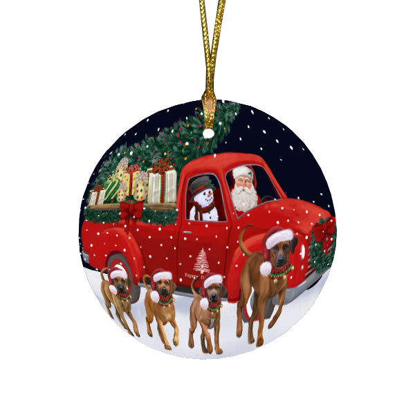 Christmas Express Delivery Red Truck Running Rhodesian Ridgeback Dogs Round Flat Christmas Ornament RFPOR57772