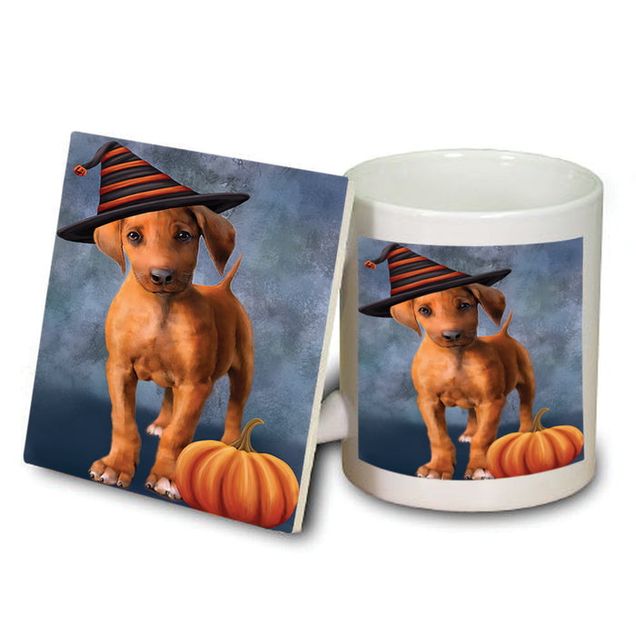 Happy Halloween Rhodesian Ridgeback Dog Wearing Witch Hat with Pumpkin Mug and Coaster Set MUC54790