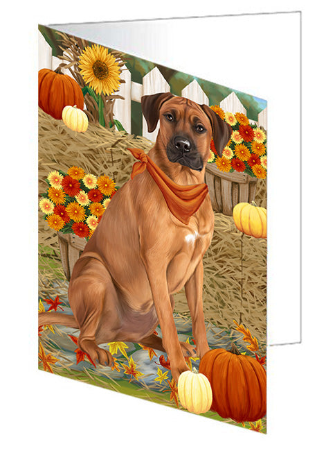 Fall Autumn Greeting Rhodesian Ridgeback Dog with Pumpkins Handmade Artwork Assorted Pets Greeting Cards and Note Cards with Envelopes for All Occasions and Holiday Seasons GCD56555