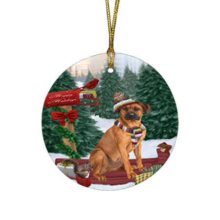 Merry Christmas Woodland Sled Rhodesian Ridgeback Dog Round Flat Christmas Ornament RFPOR55366