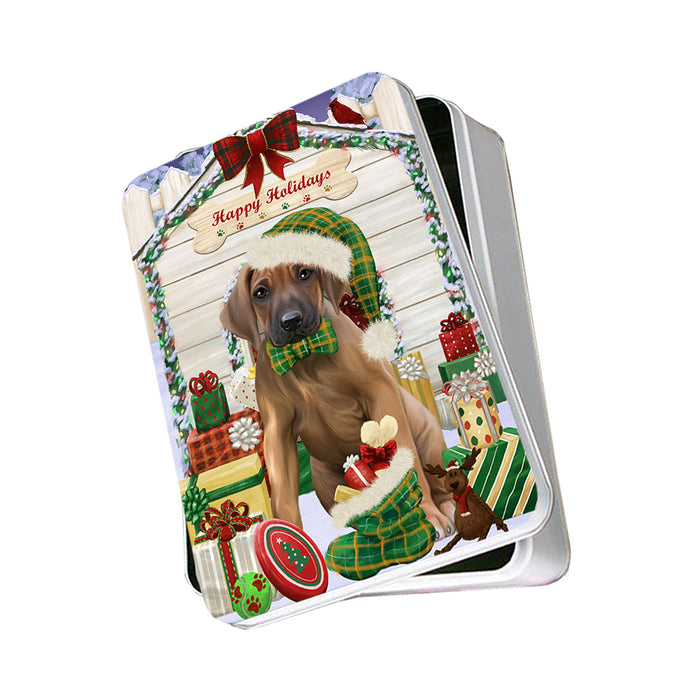 Happy Holidays Christmas Rhodesian Ridgeback Dog House With Presents Photo Storage Tin PITN52184