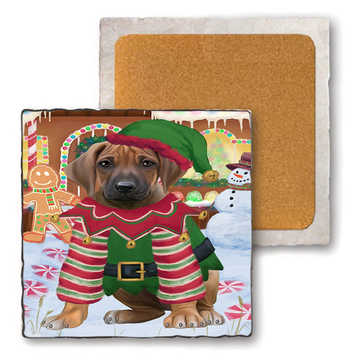 Christmas Gingerbread House Candyfest Rhodesian Ridgeback Dog Set of 4 Natural Stone Marble Tile Coasters MCST51494