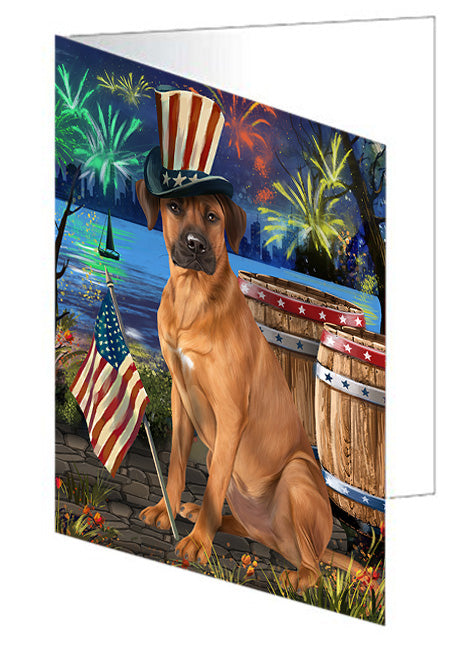4th of July Independence Day Fireworks Rhodesian Ridgeback Dog at the Lake Handmade Artwork Assorted Pets Greeting Cards and Note Cards with Envelopes for All Occasions and Holiday Seasons GCD57653