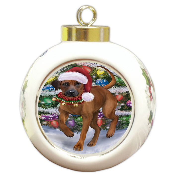 Trotting in the Snow Rhodesian Ridgeback Dog Round Ball Christmas Ornament RBPOR57017