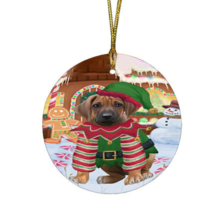 Christmas Gingerbread House Candyfest Rhodesian Ridgeback Dog Round Flat Christmas Ornament RFPOR56850