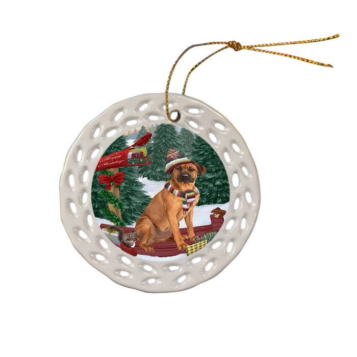 Merry Christmas Woodland Sled Rhodesian Ridgeback Dog Ceramic Doily Ornament DPOR55366