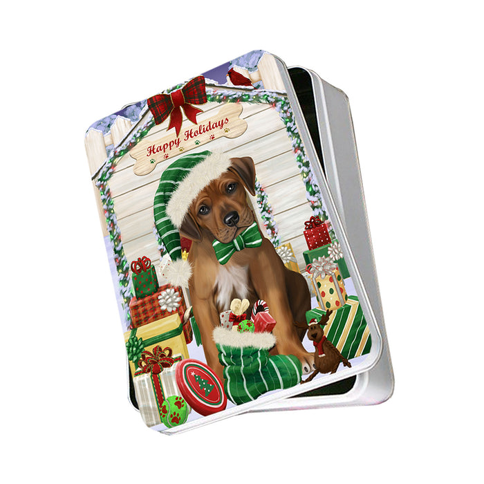 Happy Holidays Christmas Rhodesian Ridgeback Dog House With Presents Photo Storage Tin PITN52185
