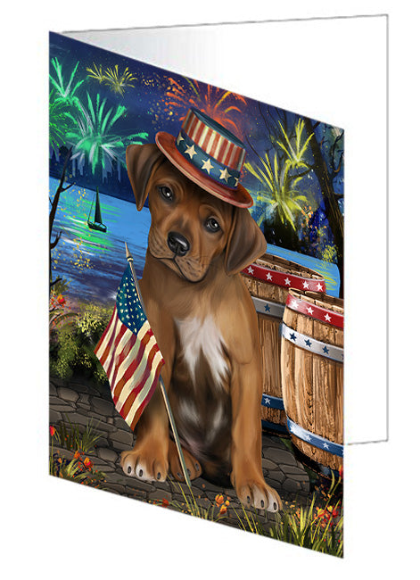 4th of July Independence Day Fireworks Rhodesian Ridgeback Dog at the Lake Handmade Artwork Assorted Pets Greeting Cards and Note Cards with Envelopes for All Occasions and Holiday Seasons GCD57656