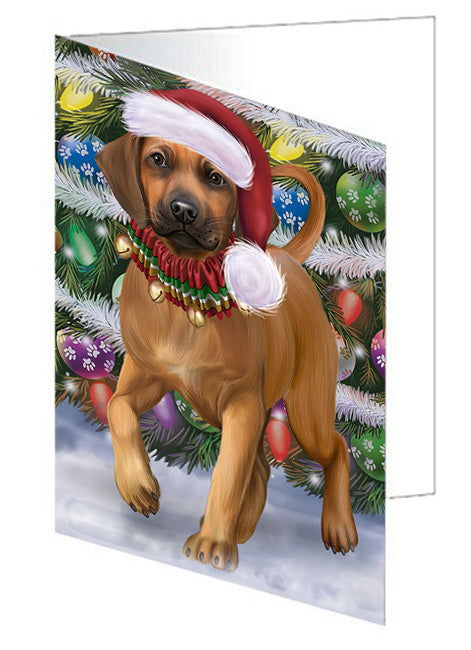 Trotting in the Snow Rhodesian Ridgeback Dog Handmade Artwork Assorted Pets Greeting Cards and Note Cards with Envelopes for All Occasions and Holiday Seasons GCD74501