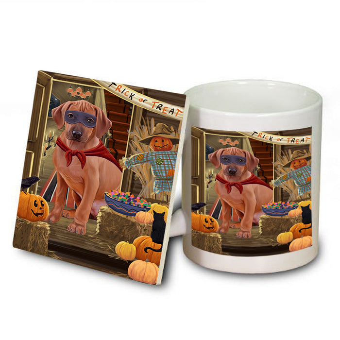 Enter at Own Risk Trick or Treat Halloween Rhodesian Ridgeback Dog Mug and Coaster Set MUC53232