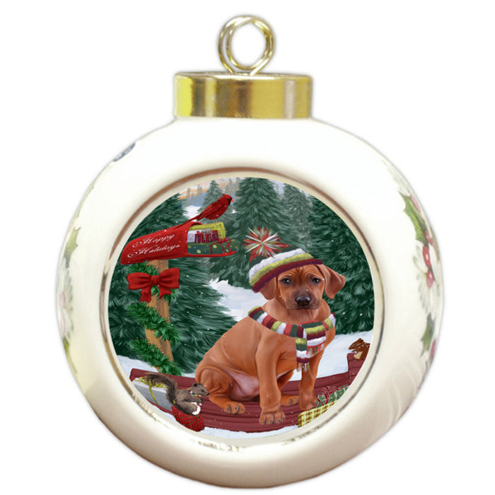 Merry Christmas Woodland Sled Rhodesian Ridgeback Dog Round Ball Christmas Ornament RBPOR55367