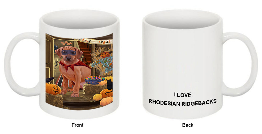 Enter at Own Risk Trick or Treat Halloween Rhodesian Ridgeback Dog Coffee Mug MUG48638