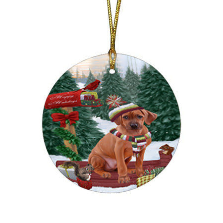 Merry Christmas Woodland Sled Rhodesian Ridgeback Dog Round Flat Christmas Ornament RFPOR55367
