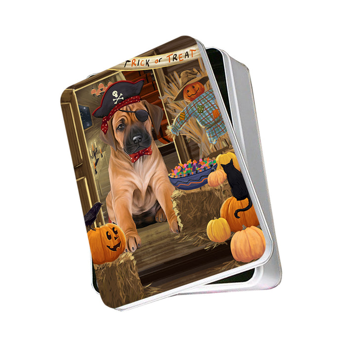Enter at Own Risk Trick or Treat Halloween Rhodesian Ridgeback Dog Photo Storage Tin PITN53241