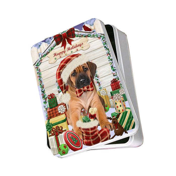 Happy Holidays Christmas Rhodesian Ridgeback Dog House With Presents Photo Storage Tin PITN52186