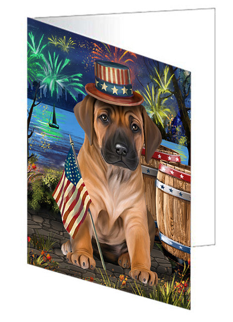 4th of July Independence Day Fireworks Rhodesian Ridgeback Dog at the Lake Handmade Artwork Assorted Pets Greeting Cards and Note Cards with Envelopes for All Occasions and Holiday Seasons GCD57659