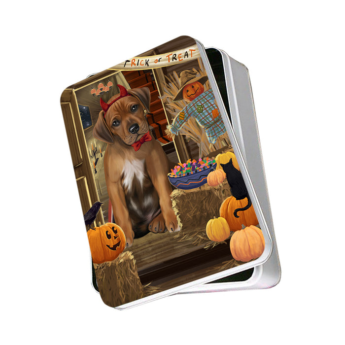 Enter at Own Risk Trick or Treat Halloween Rhodesian Ridgeback Dog Photo Storage Tin PITN53242