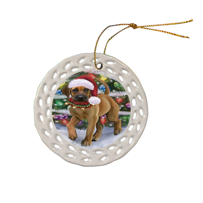 Trotting in the Snow Rhodesian Ridgeback Dog Ceramic Doily Ornament DPOR57214