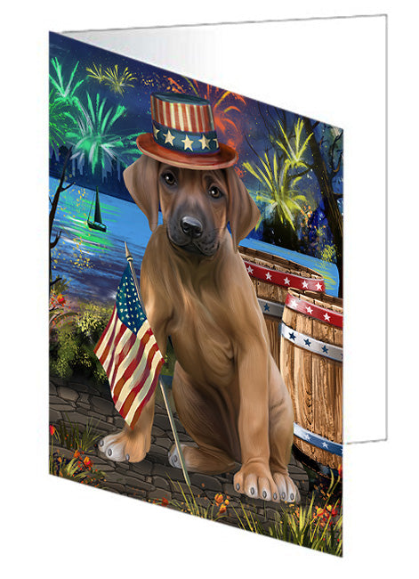4th of July Independence Day Fireworks Rhodesian Ridgeback Dog at the Lake Handmade Artwork Assorted Pets Greeting Cards and Note Cards with Envelopes for All Occasions and Holiday Seasons GCD57662