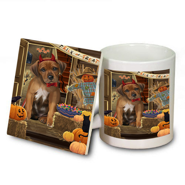Enter at Own Risk Trick or Treat Halloween Rhodesian Ridgeback Dog Mug and Coaster Set MUC53234