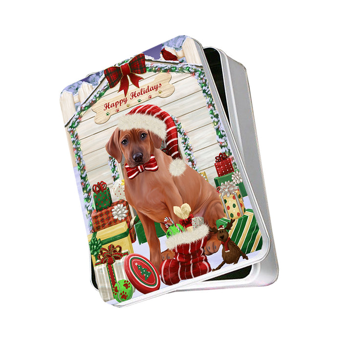 Happy Holidays Christmas Rhodesian Ridgeback Dog House With Presents Photo Storage Tin PITN52187