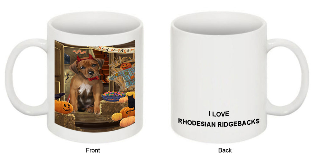 Enter at Own Risk Trick or Treat Halloween Rhodesian Ridgeback Dog Coffee Mug MUG48640
