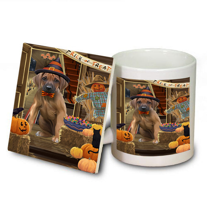 Enter at Own Risk Trick or Treat Halloween Rhodesian Ridgeback Dog Mug and Coaster Set MUC53235