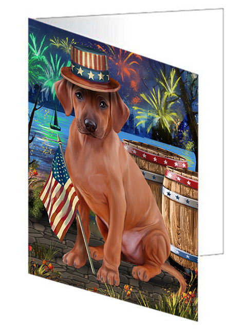 4th of July Independence Day Fireworks Rhodesian Ridgeback Dog at the Lake Handmade Artwork Assorted Pets Greeting Cards and Note Cards with Envelopes for All Occasions and Holiday Seasons GCD57665