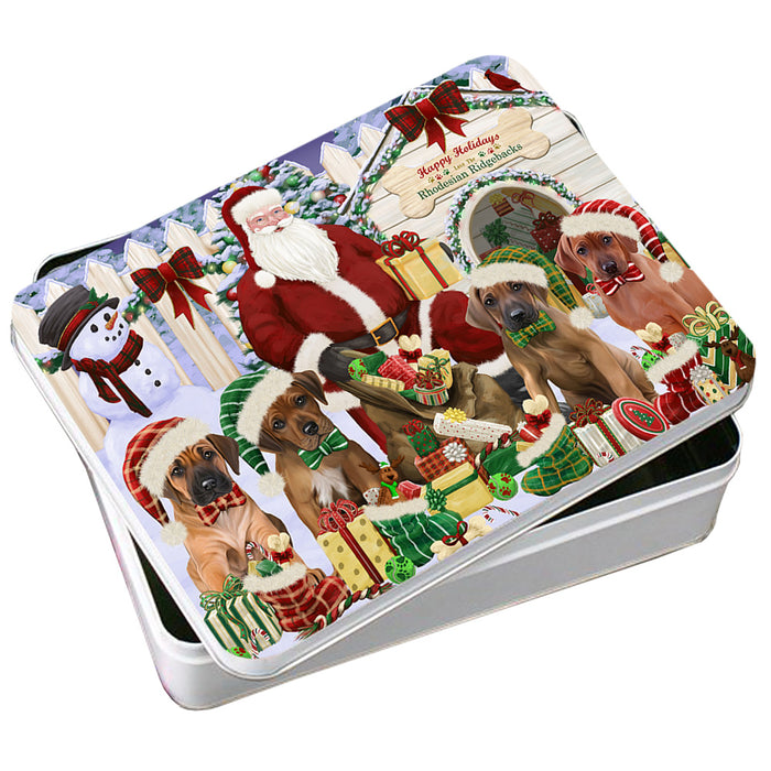 Happy Holidays Christmas Rhodesian Ridgebacks Dog House Gathering Photo Storage Tin PITN52145