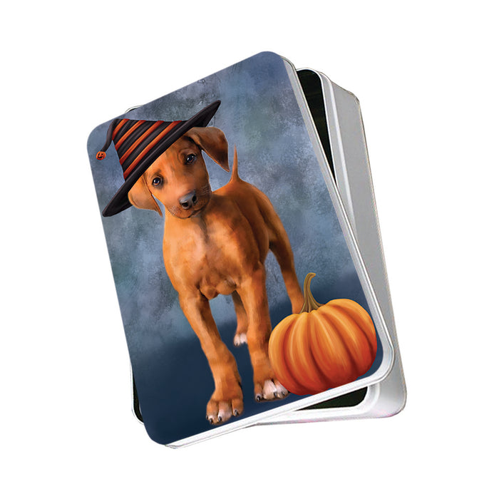 Happy Halloween Rhodesian Ridgeback Dog Wearing Witch Hat with Pumpkin Photo Storage Tin PITN54741