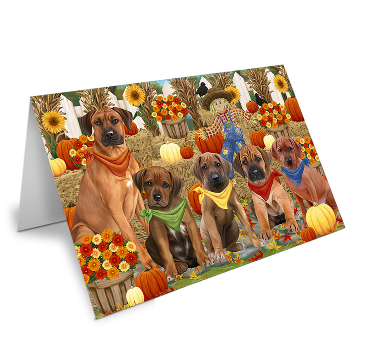 Fall Festive Gathering Rhodesian Ridgebacks Dog with Pumpkins Handmade Artwork Assorted Pets Greeting Cards and Note Cards with Envelopes for All Occasions and Holiday Seasons GCD56420