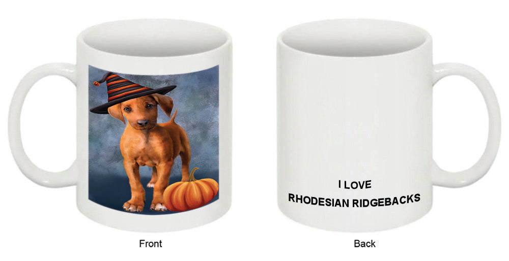 Happy Halloween Rhodesian Ridgeback Dog Wearing Witch Hat with Pumpkin Coffee Mug MUG50196