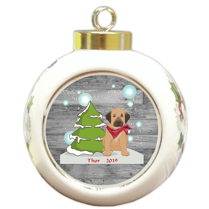 Custom Personalized Winter Scenic Tree and Presents Rhodesian Ridgeback Dog Christmas Round Ball Ornament