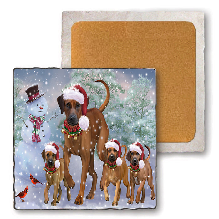 Christmas Running Family Rhodesian Ridgebacks Dog Set of 4 Natural Stone Marble Tile Coasters MCST51640