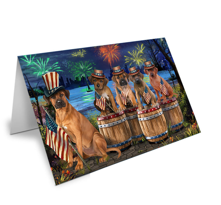 4th of July Independence Day Fireworks Rhodesian Ridgebacks at the Lake Handmade Artwork Assorted Pets Greeting Cards and Note Cards with Envelopes for All Occasions and Holiday Seasons GCD57176