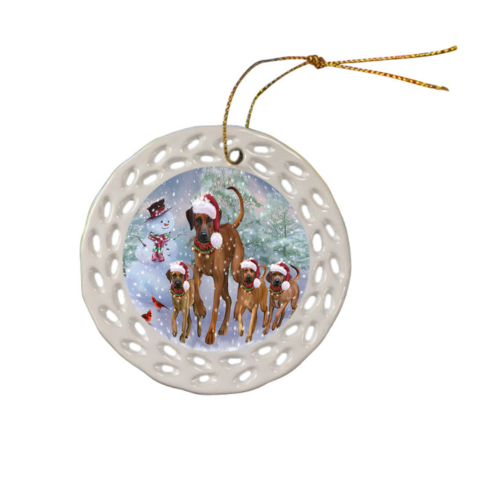 Christmas Running Family Rhodesian Ridgebacks Dog Ceramic Doily Ornament DPOR56996