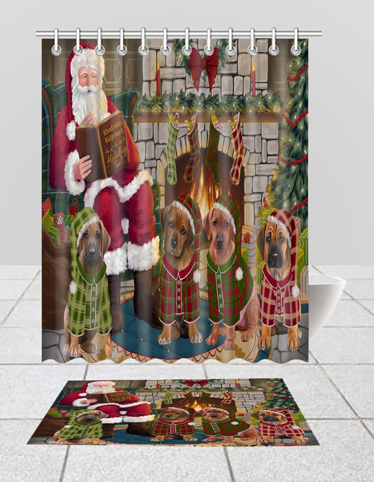 Christmas Cozy Holiday Fire Tails Rhodesian Ridgeback Dogs Bath Mat and Shower Curtain Combo