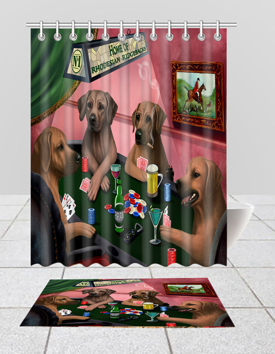 Home of  Rhodesian Ridgeback Dogs Playing Poker Bath Mat and Shower Curtain Combo