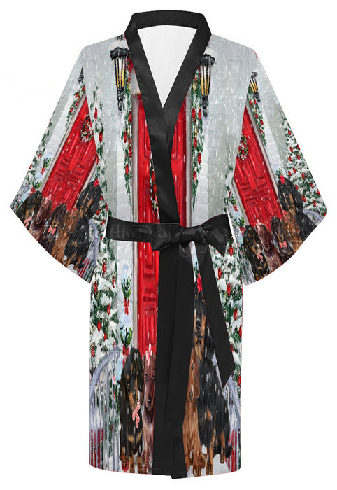 Christmas Holiday Welcome Red Door Dachshund Dog on Kimono Robe