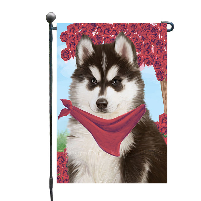 Rosie Floral Siberian Husky Dogs Garden Flags - Outdoor Double Sided Garden Yard Porch Lawn Spring Decorative Vertical Home Flags 12 1/2"w x 18"h