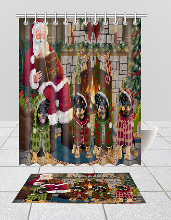 Christmas Cozy Holiday Fire Tails Rottweiler Dogs Bath Mat and Shower Curtain Combo