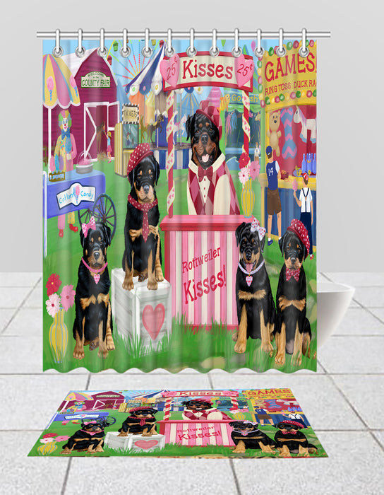 Carnival Kissing Booth Rottweiler Dogs  Bath Mat and Shower Curtain Combo