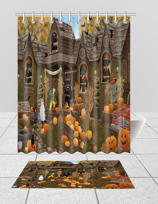 Haunted House Halloween Trick or Treat Rottweiler Dogs  Bath Mat and Shower Curtain Combo