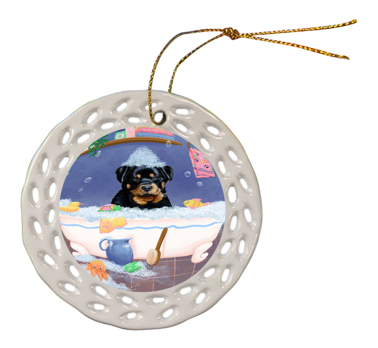 Rub A Dub Dog In A Tub Rottweiler Dog Doily Ornament DPOR58319