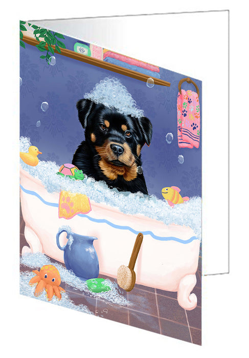 Rub A Dub Dog In A Tub Rottweiler Dog Handmade Artwork Assorted Pets Greeting Cards and Note Cards with Envelopes for All Occasions and Holiday Seasons GCD79598