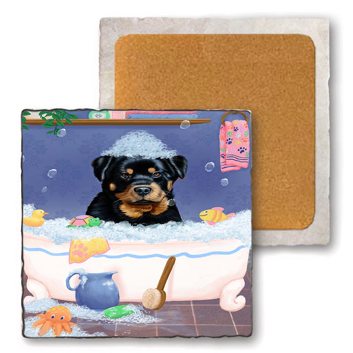 Rub A Dub Dog In A Tub Rottweiler Dog Set of 4 Natural Stone Marble Tile Coasters MCST52428