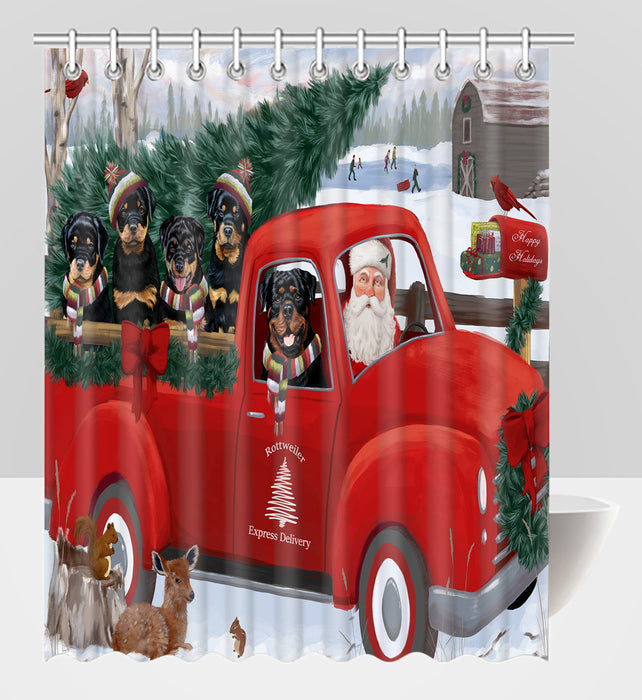 Christmas Santa Express Delivery Red Truck Rottweiler Dogs Shower Curtain