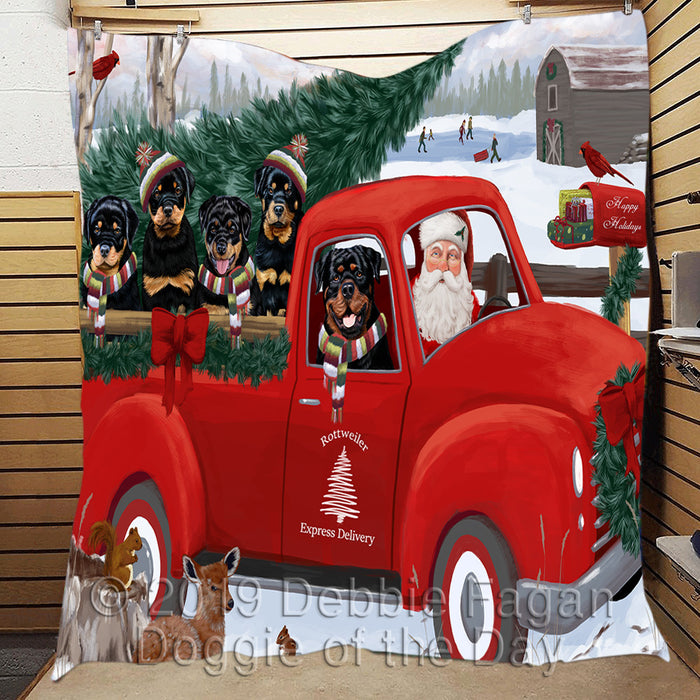 Christmas Santa Express Delivery Red Truck Rottweiler Dogs Quilt