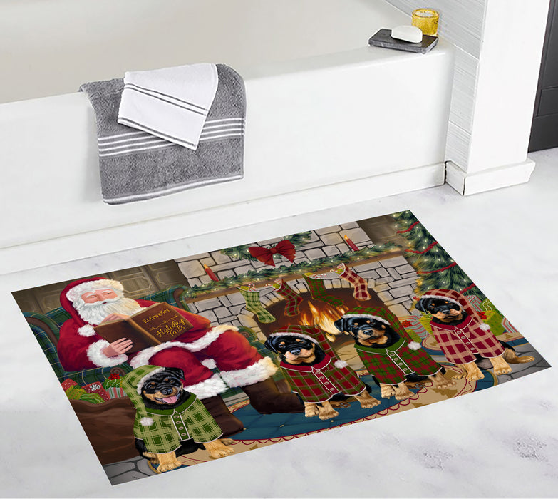 Christmas Cozy Holiday Fire Tails Rottweiler Dogs Bath Mat